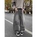 High Street Loose Fitting Wide Leg Curved Jeans Men's American Style Letter Print Silhouette Washed Straight Leg Drape Distressed Trousers_mkmklike.com