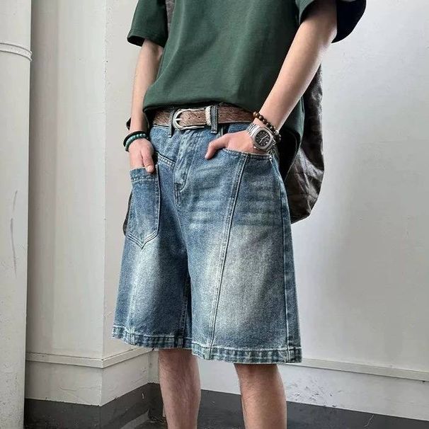 Men's Unique Design Irregular Pockets Five Inch Denim Shorts Retro Style Loose Fit Straight Leg Cargo Shorts_mkmklike.com