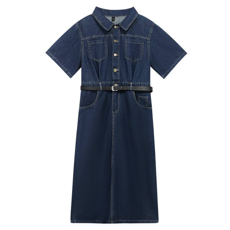 Women's Clothing High End Polo Collar Denim Dress Summer Split Belt Design Niche Temperament Long Skirt_mkmklike.com