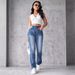 Women's Clothing Vintage Blue Distressed High-Waisted Patchwork Flare Jeans For Women – Trendy Summer Staple_mkmklike.com
