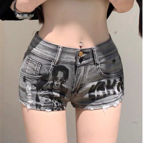 Women's Sexy Ripped Denim Shorts Summer Style Thin Low Waisted American Retro Fashion Print Bodycon Hot Pants_mkmklike.com