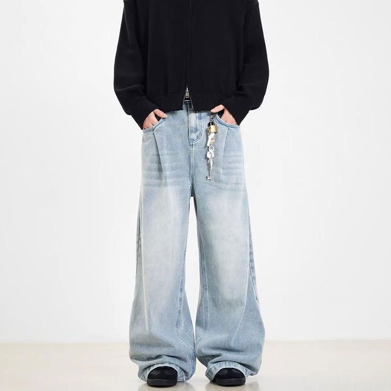 Men's Clothing Retro Style Double Pleated Washed Vintage Washed Blue Denim Jeans For Men & Women - Relaxed Straight Leg Wide Fit Casual Trousers_mkmklike.com