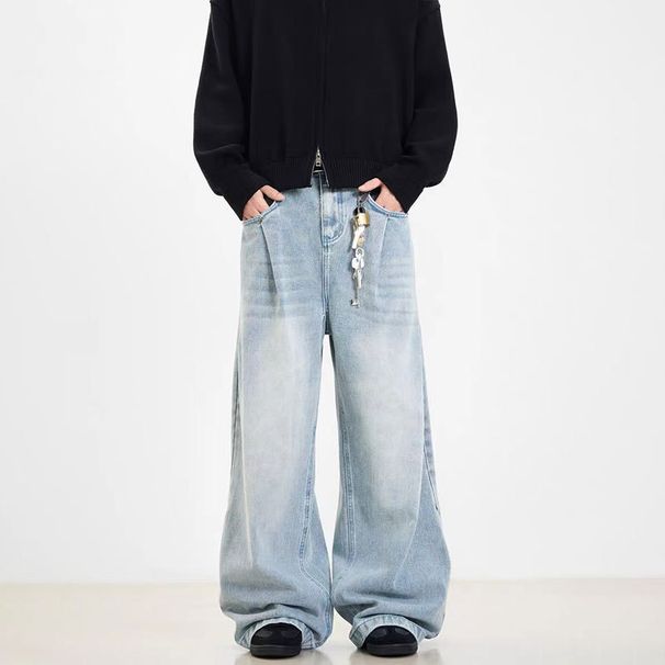 Men's Clothing Retro Style Double Pleated Washed Vintage Washed Blue Denim Jeans For Men & Women - Relaxed Straight Leg Wide Fit Casual Trousers_mkmklike.com