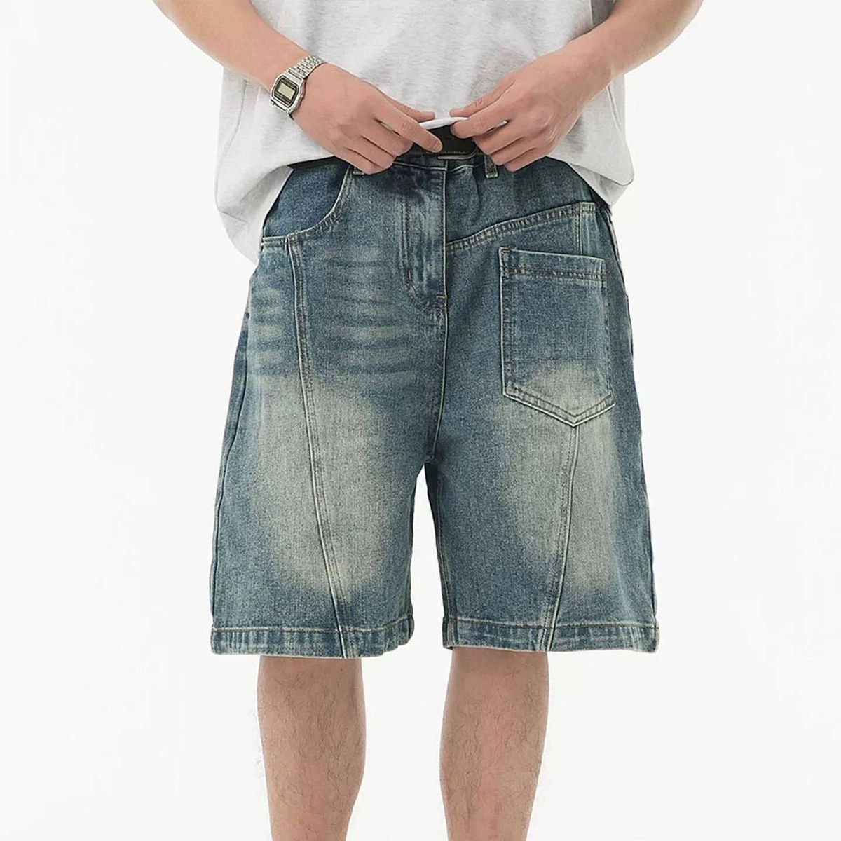 Men's Casual Trendy Denim Shorts Patchwork Washed Retro Design Loose Five Point Pants Summer Fashion_mkmklike.com