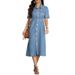 218665 Women's New Denim Collar Short Sleeved Cardigan With A Cinched Waist And Fitted Dress_mkmklike.com