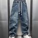 Men's Casual Loose Fit Denim Jeans With Contrast Stitching Straight Leg Wide Trousers For Spring Fashion_mkmklike.com