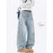 Nordmann American Style Vibe Washed Retro Blue Deconstructed Scimitar Jeans For Men, Cool High Street Loose Straight Wide-Leg_mkmklike.com