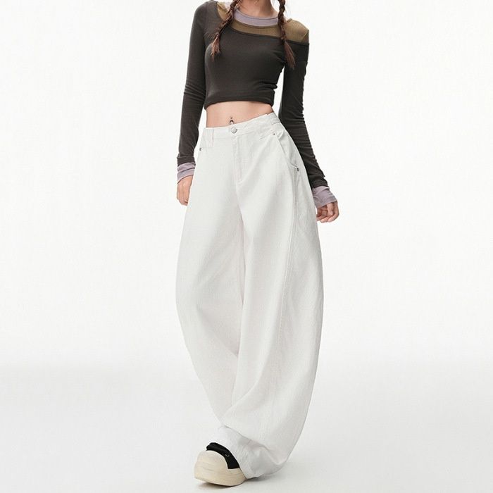 Loose-fitting White Denim Jeans For Women, 2025 Autumn Collection, American-style Wide-leg Pants, New Sickle-shaped_mkmklike.com