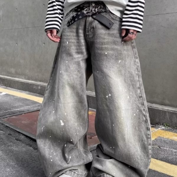 Men's Trendy Cool Versatile Casual Wide Leg Jeans Black Gray Washed Paint Splatter Loose Fit American Retro Style_mkmklike.com