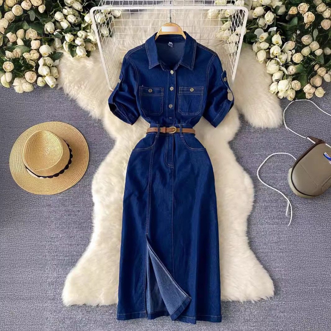 Women's Clothing Light Luxury Celebrity Style High End Polo Collar Denim Dress For Women Summer Split Waist Belt Design Niche Temperament Long Skirt_mkmklike.com