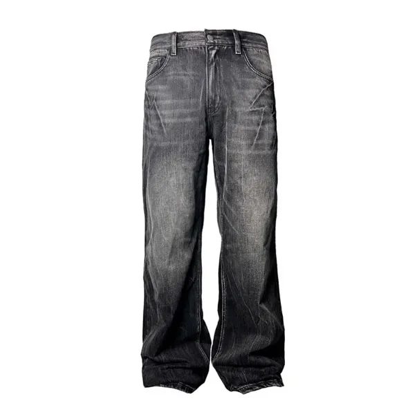 Men's Clothing Men's Whisker Denim Jeans - Lightning Wash Straight Leg Pants (Vintage Revival Style)_mkmklike.com