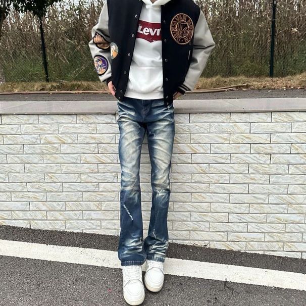 Men's Clothing High Street Vintage Washed Distressed Ripped Flared Jeans Slim Fit Matching Couple Style Men's Denim_mkmklike.com