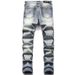 Men's Slim Fit Distressed Patchwork Embroidered Jeans | Streetwear Denim Pants | High Waist Straight Leg | Light Blue Washed Cotton_mkmklike.com