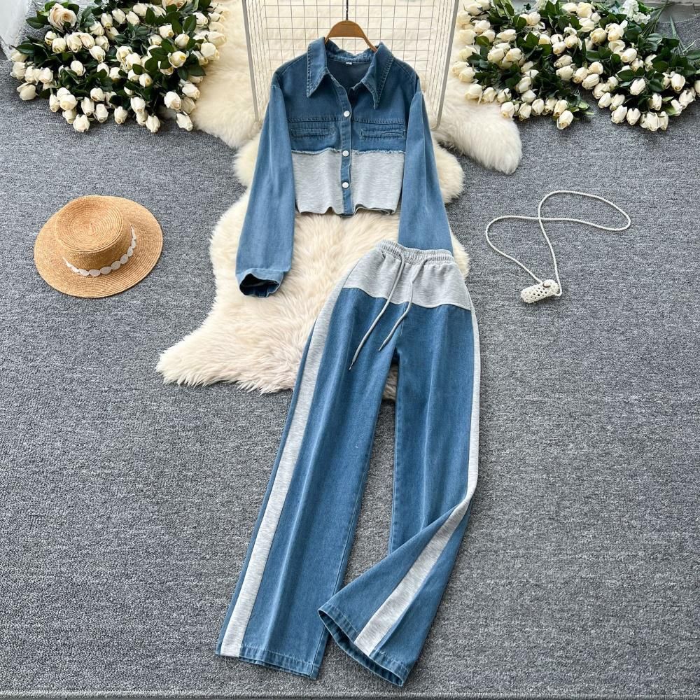 Women's Clothing Casual Suit High Waist Stitching Denim Wide Leg Straight Pants Two Piece Suit Fashionable Lapel Jacket_mkmklike.com