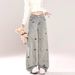 Men's Clothing Playful Puppy Embroidered High Waist Straight Leg Jeans For Women - Loose Fit Wide Leg Pants With Stretchy Comfort (Blue/Black)_mkmklike.com