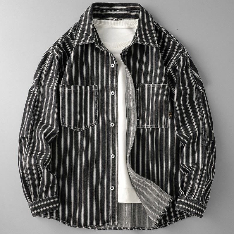 Men's Clothing Washed Striped Denim Shirt Jacket Men's Spring And Autumn Handsome Loose Casual Long Sleeved Shirt Trend_mkmklike.com
