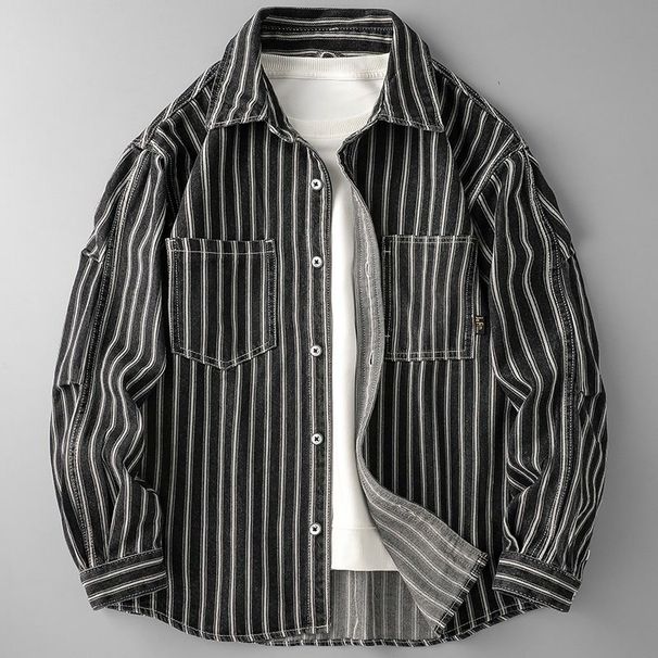 Men's Clothing Washed Striped Denim Shirt Jacket Men's Spring And Autumn Handsome Loose Casual Long Sleeved Shirt Trend_mkmklike.com
