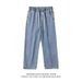 Men's Straight Leg Jeans mid Waist Loose Wide Leg Casual Trousers Trendy Retro Style Blue Polyester Standard Thickness_mkmklike.com
