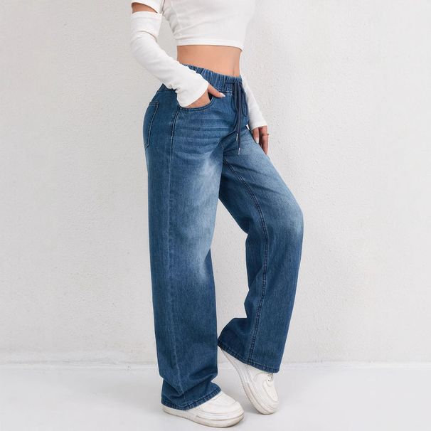 Plus Size High Waist Wide Leg Jeans For Women – Comfortable Loose Fit Stretch Denim Pants With Drawstring, Washed Blue Casual Trousers_mkmklike.com