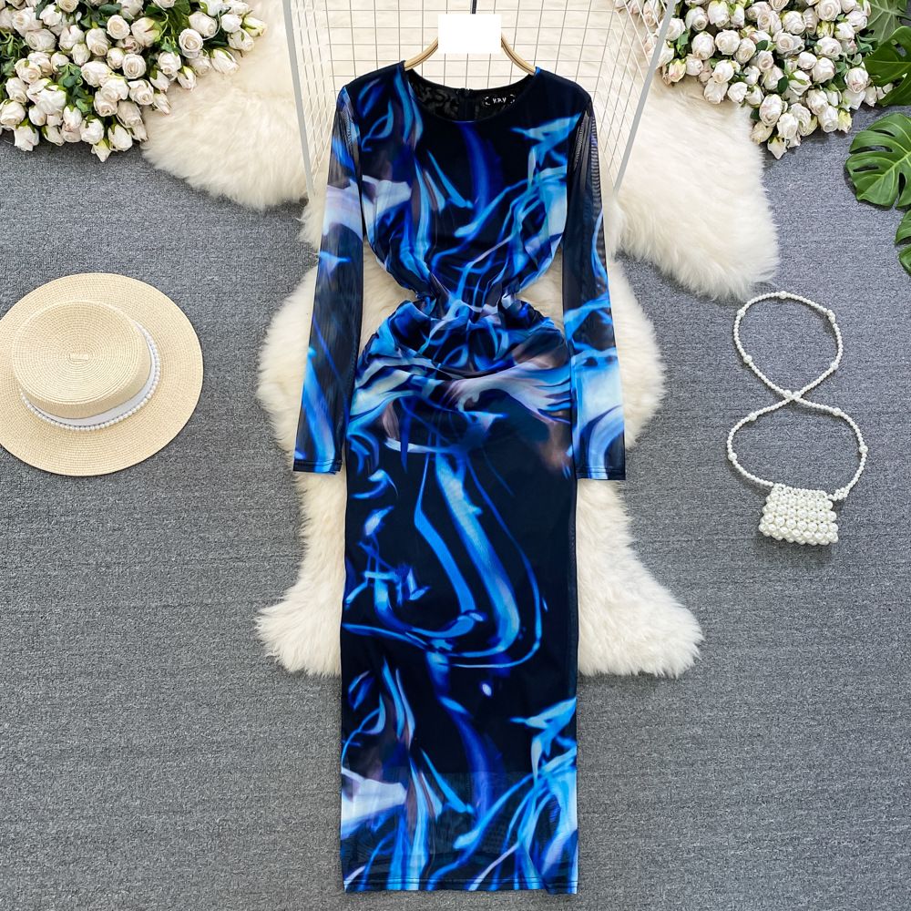 Women's clothing Celebrity Temperament Long Sleeve Round Neck Waist Slimming Hip Feminine Mesh Printed Dress_mkmklike.com