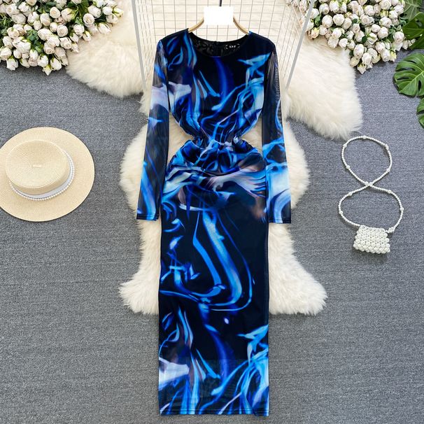 Women's clothing Celebrity Temperament Long Sleeve Round Neck Waist Slimming Hip Feminine Mesh Printed Dress_mkmklike.com