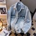 Men's Distressed Denim Jacket With Washed Effect Streetwear Style Workwear Coat, Loose Fit, Turn-Down Collar, Multiple Pockets, Casual Outerwear_mkmklike.com