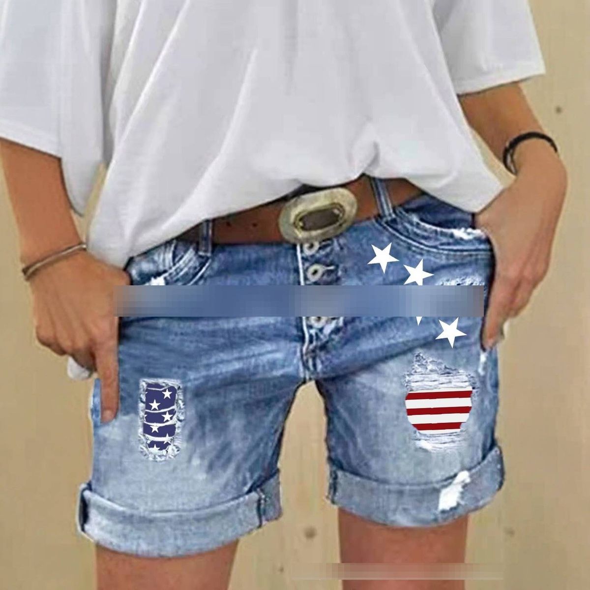 Slim Fit Ripped Appliqué Print Stretch Denim Shorts For Women New Fashionable Casual Shorts_mkmklike.com