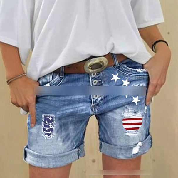 Slim Fit Ripped Appliqué Print Stretch Denim Shorts For Women New Fashionable Casual Shorts_mkmklike.com
