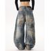 Men's High Street Distressed Patchwork Wide Leg Jeans | Vintage Graffiti Design | Loose Fit Retro Denim Pants_mkmklike.com