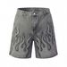 Men's Flame & Rhinestone Embroidered Denim Shorts – Customizable Streetwear (Dark Grey, S-XL) | Hip-Hop Fashion_mkmklike.com