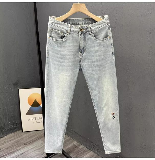Men's Slim Fit Stretch Jeans – Light Blue Washed Denim Pants With Embroidery Detail, Comfortable Straight-Leg Trousers For Casual & Office Wear_mkmklike.com