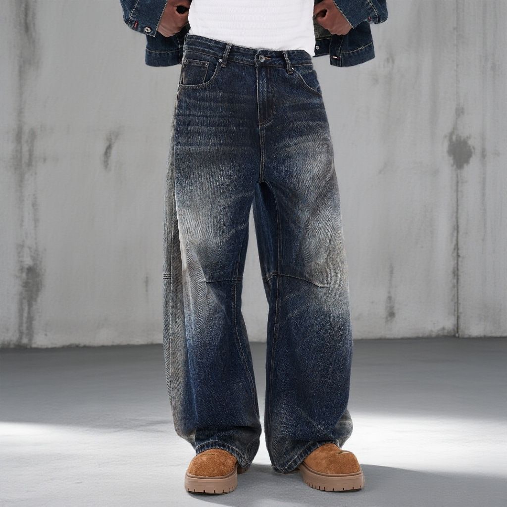 Men's Washed Blue Relaxed Straight Leg Jeans - Vintage Style Distressed Denim Pants For Casual & Streetwear_mkmklike.com
