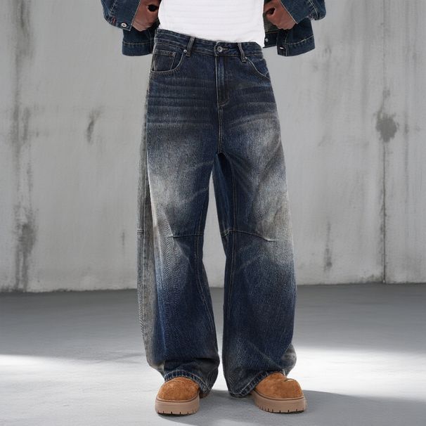 Men's Washed Blue Relaxed Straight Leg Jeans - Vintage Style Distressed Denim Pants For Casual & Streetwear_mkmklike.com
