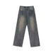 Vintage Washed Yellow Mud Jeans - Retro High Street Distressed Hip-Hop Wide Leg Pants For Men_mkmklike.com