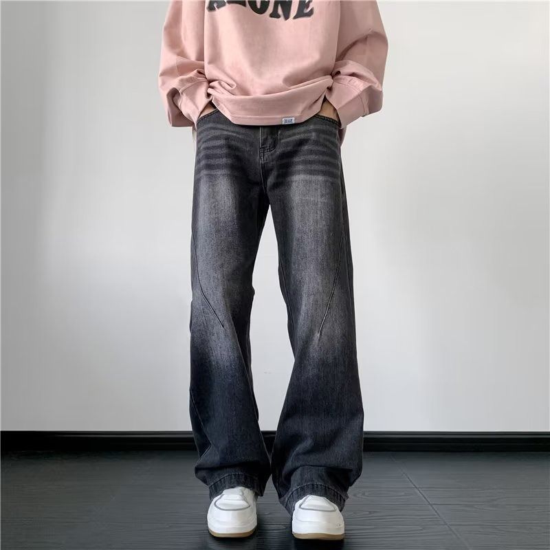 Men's American Retro Washed Distressed Flared Jeans Loose Straight Leg Casual Wide Leg Trousers Trendy Autumn Wear_mkmklike.com