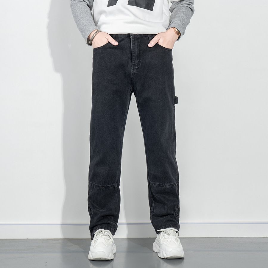 Black Straight Leg Zipper Jeans Autumn Winter Workwear Multi Pocket Young Men Street Style Versatile Simple Denim Pants_mkmklike.com