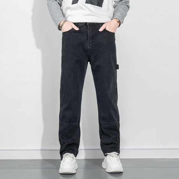Black Straight Leg Zipper Jeans Autumn Winter Workwear Multi Pocket Young Men Street Style Versatile Simple Denim Pants_mkmklike.com