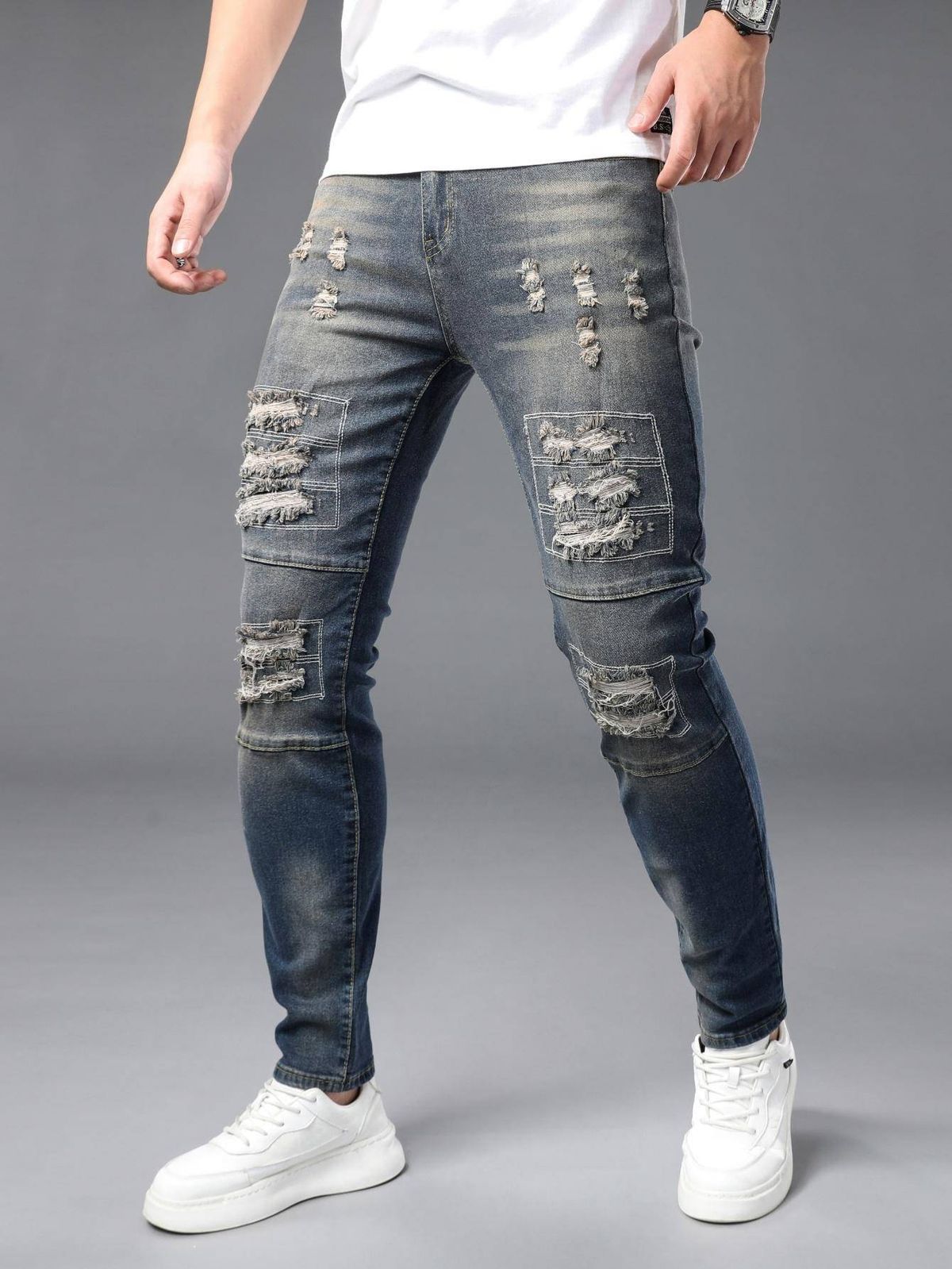 Men's Slim Straight Jeans – Stretch Washed Denim With Blue Fade & Distressed Details (S-2XL)_mkmklike.com