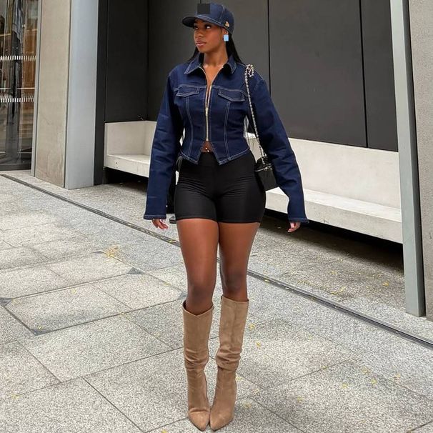 Women’s Denim Jacket – Oversized Streetwear Coat With Button-Up Collar (S-2XL, Dark Blue)_mkmklike.com