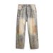 New European And Style High Street American Retro Distressed Yellow Mud Loose Straight Casual Men's Denim Pants_mkmklike.com