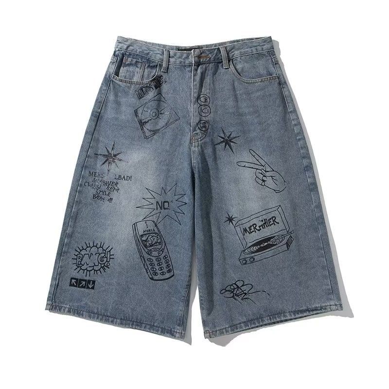 Men's Hip Hop Print High Street Retro Fashion Loose Fit Casual Cargo Short Jeans_mkmklike.com
