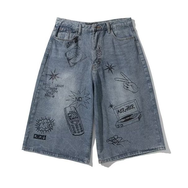 Men's Hip Hop Print High Street Retro Fashion Loose Fit Casual Cargo Short Jeans_mkmklike.com