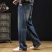 Large Size Men's Clothing Four Seasons American Loose Jeans Men's Elastic Waist High Street Fat Straight Jeans Men's Cross-border_mkmklike.com