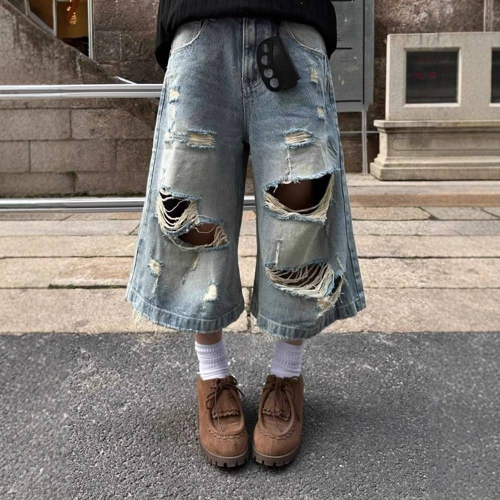 Men's Clothing Summer New Style Ripped Straight Leg Cropped Jeans For Women Retro Washed Distressed Loose Wide Leg Mid Length Pants_mkmklike.com