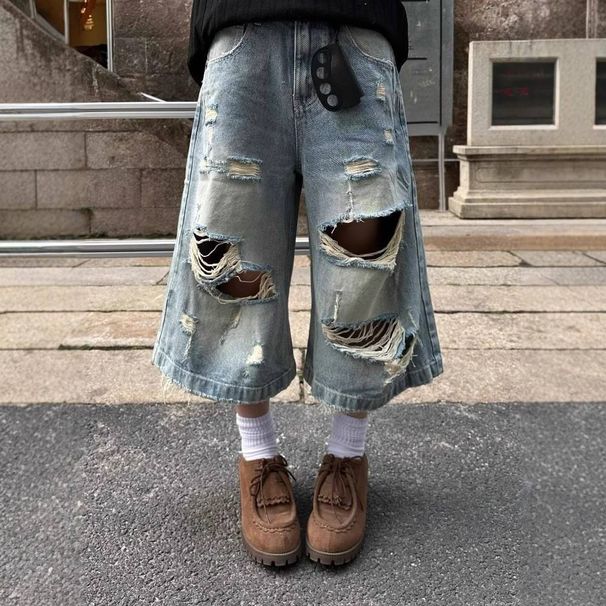 Men's Clothing Summer New Style Ripped Straight Leg Cropped Jeans For Women Retro Washed Distressed Loose Wide Leg Mid Length Pants_mkmklike.com