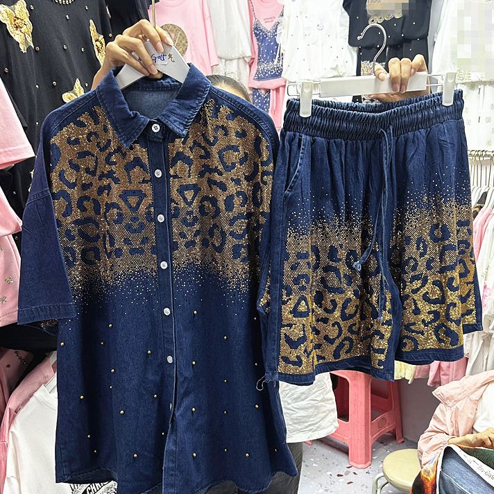 Women's Clothing Denim Suit European Station Heavy Hot Diamond Denim Shirt Top + Elastic Waist Denim Shorts Two Piece Suit Women's Summer_mkmklike.com