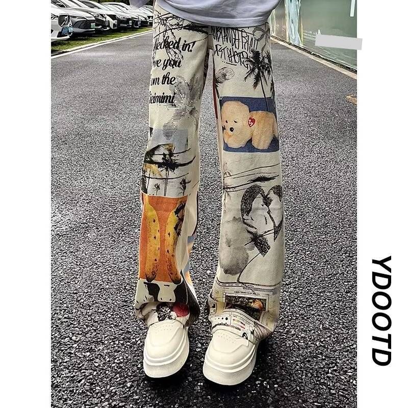 Men's Distressed Punk Jeans – Graffiti Washed Denim Pants With Paint Splatter, Streetwear Straight Fit (Beige, S-3XL)_mkmklike.com