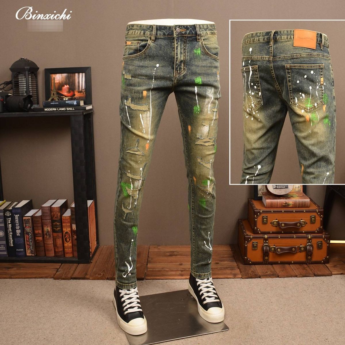 Men's Distressed Slim-Fit Jeans – Vintage Washed Denim With Artistic Spray Paint & Patch Details (28-38)_mkmklike.com