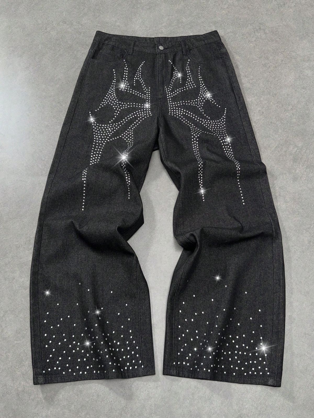 Harajuku Hip Hop Jeans – Studded Distressed Denim Pants With Drawstring, Loose Straight-Leg Unisex Style_mkmklike.com