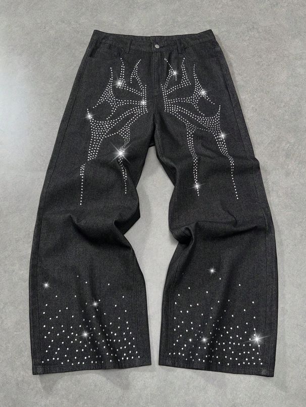 Harajuku Hip Hop Jeans – Studded Distressed Denim Pants With Drawstring, Loose Straight-Leg Unisex Style_mkmklike.com